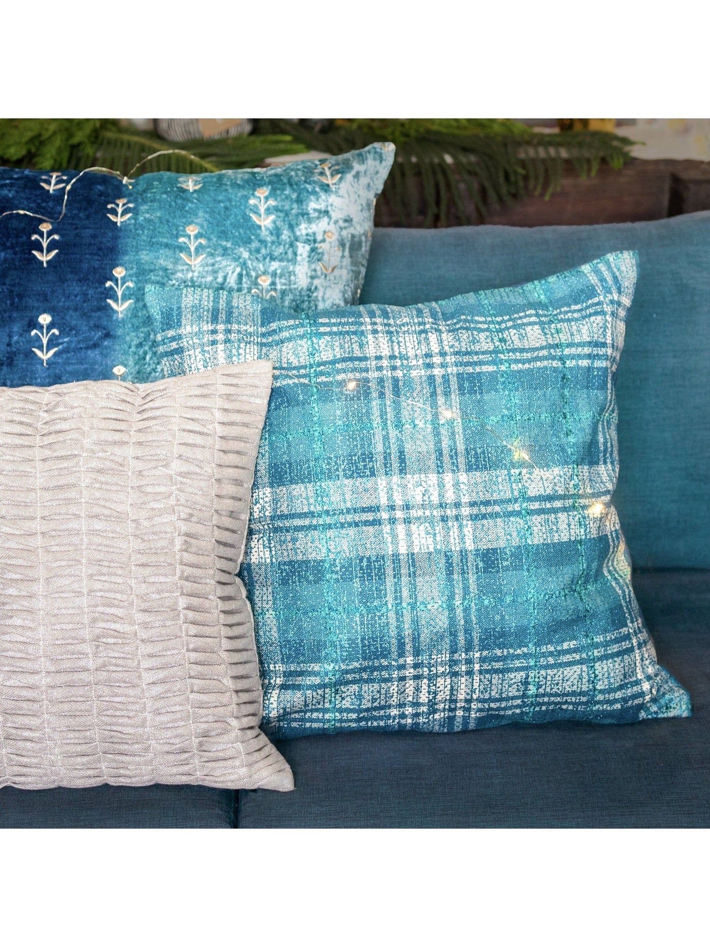 Metallic Check Cushion Cover Denim