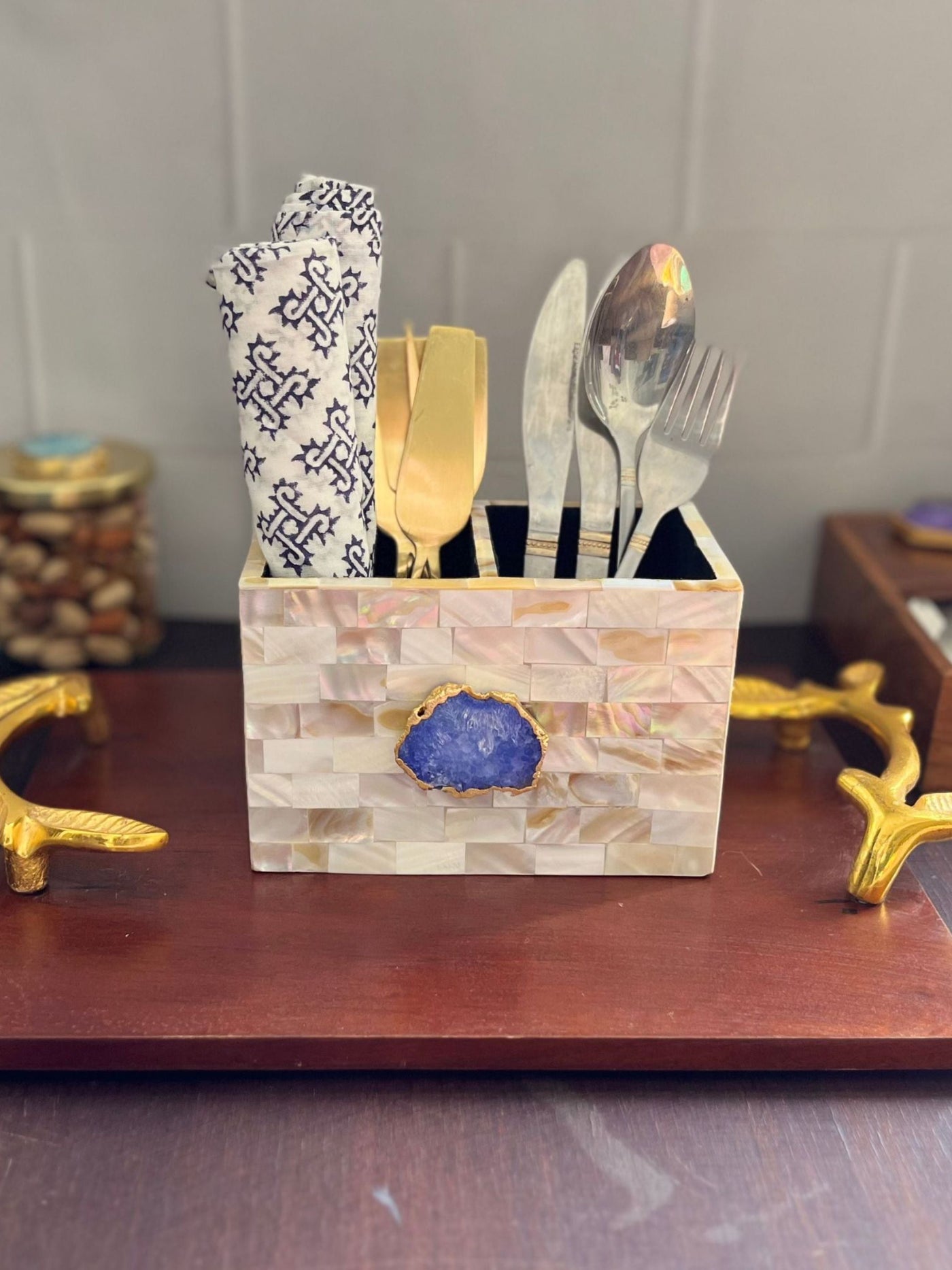 Cutlery Stand - Mother of Pearl with Agate Blue
