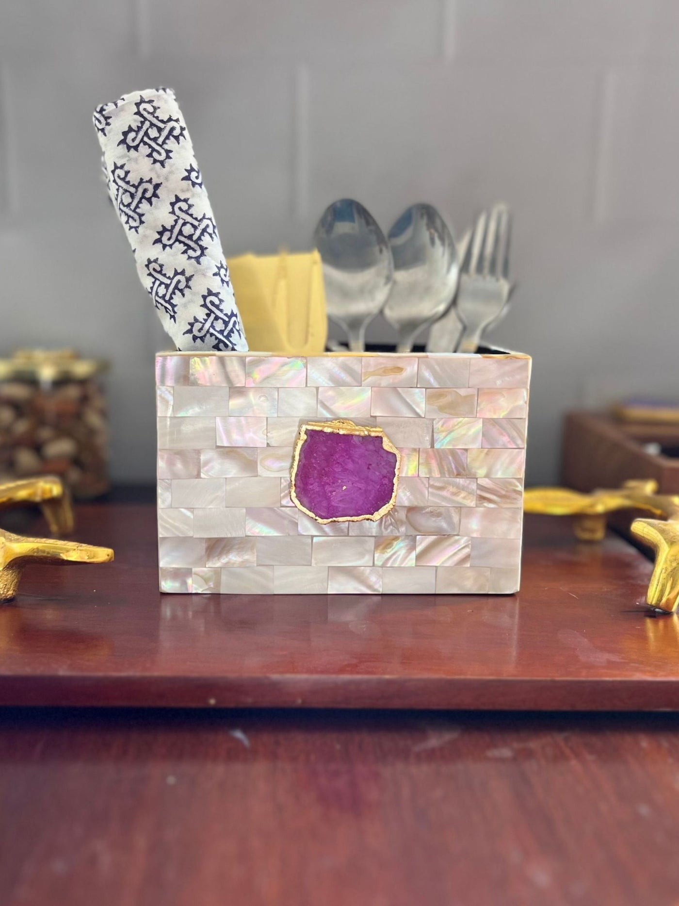 Cutlery Stand - Mother of Pearl with Agate Pink
