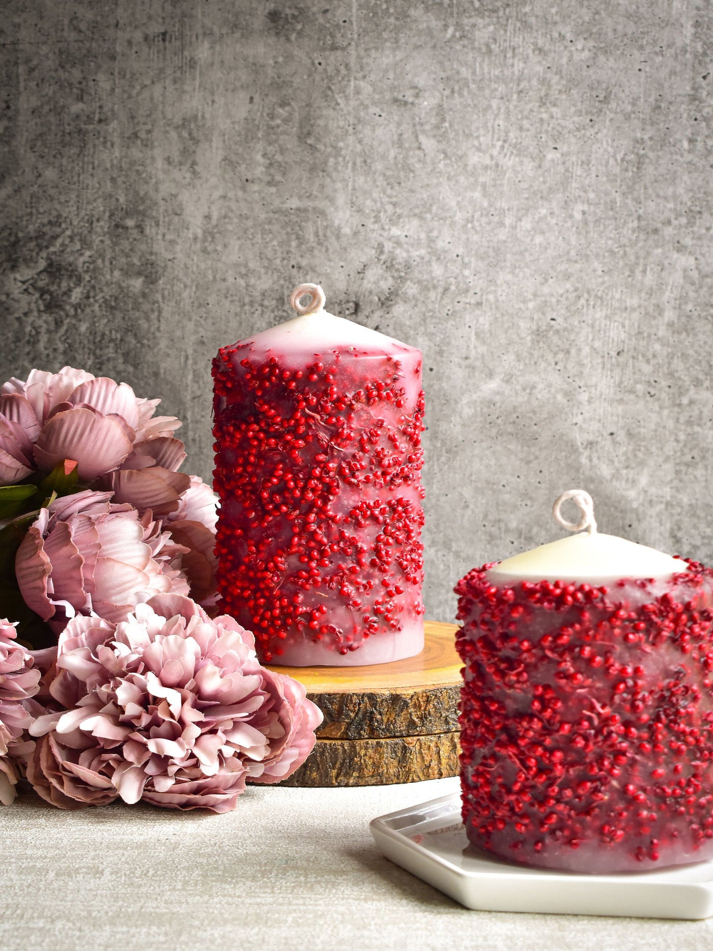 Pillar Candle With Red Dried Flowers