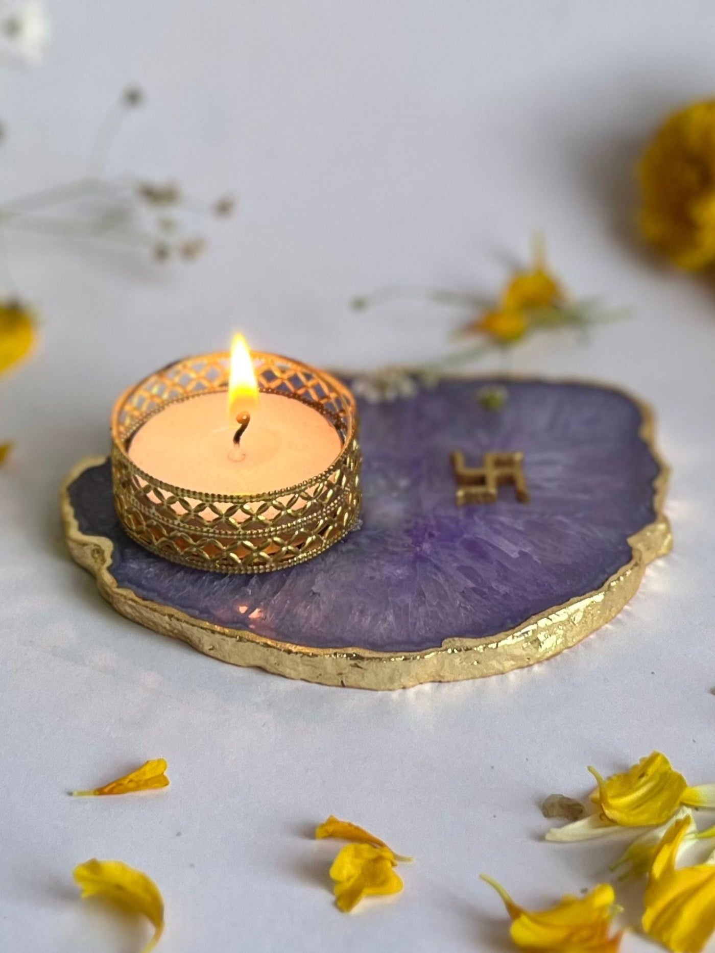 Purple Swastik Tea Light Candle Holder Set of 2