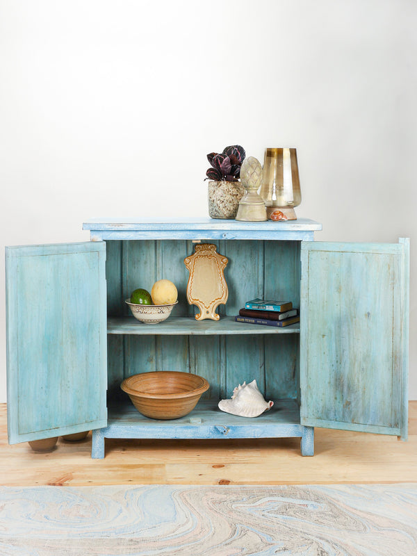 Blue Hand Carved Aztec Two Door Cabinet