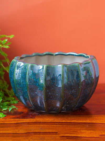 Ridged Blue Ceramic Planter