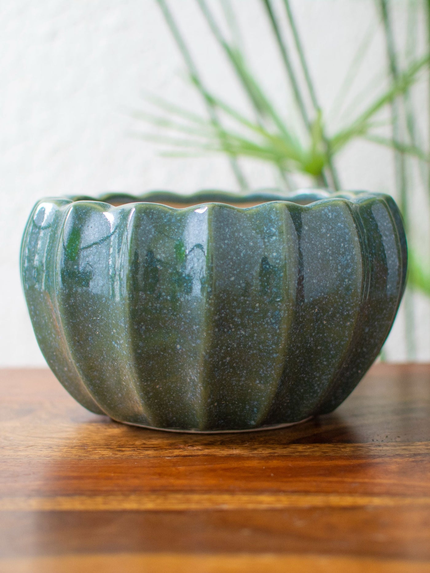 Ridged Green Ceramic Planter