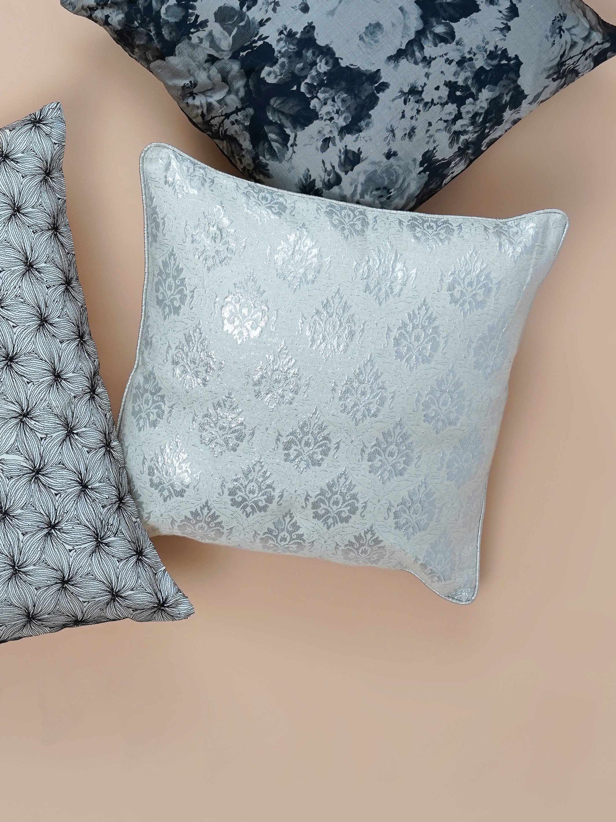 Cushion Cover - Silver Damask Embroidered