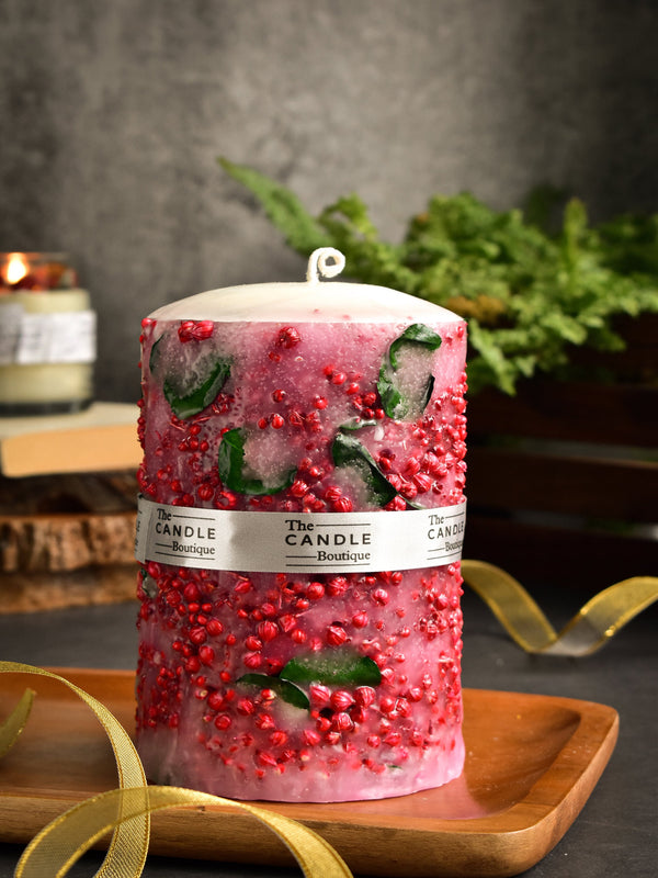 Red Dry Flower With Green Leaves Pillar Candle