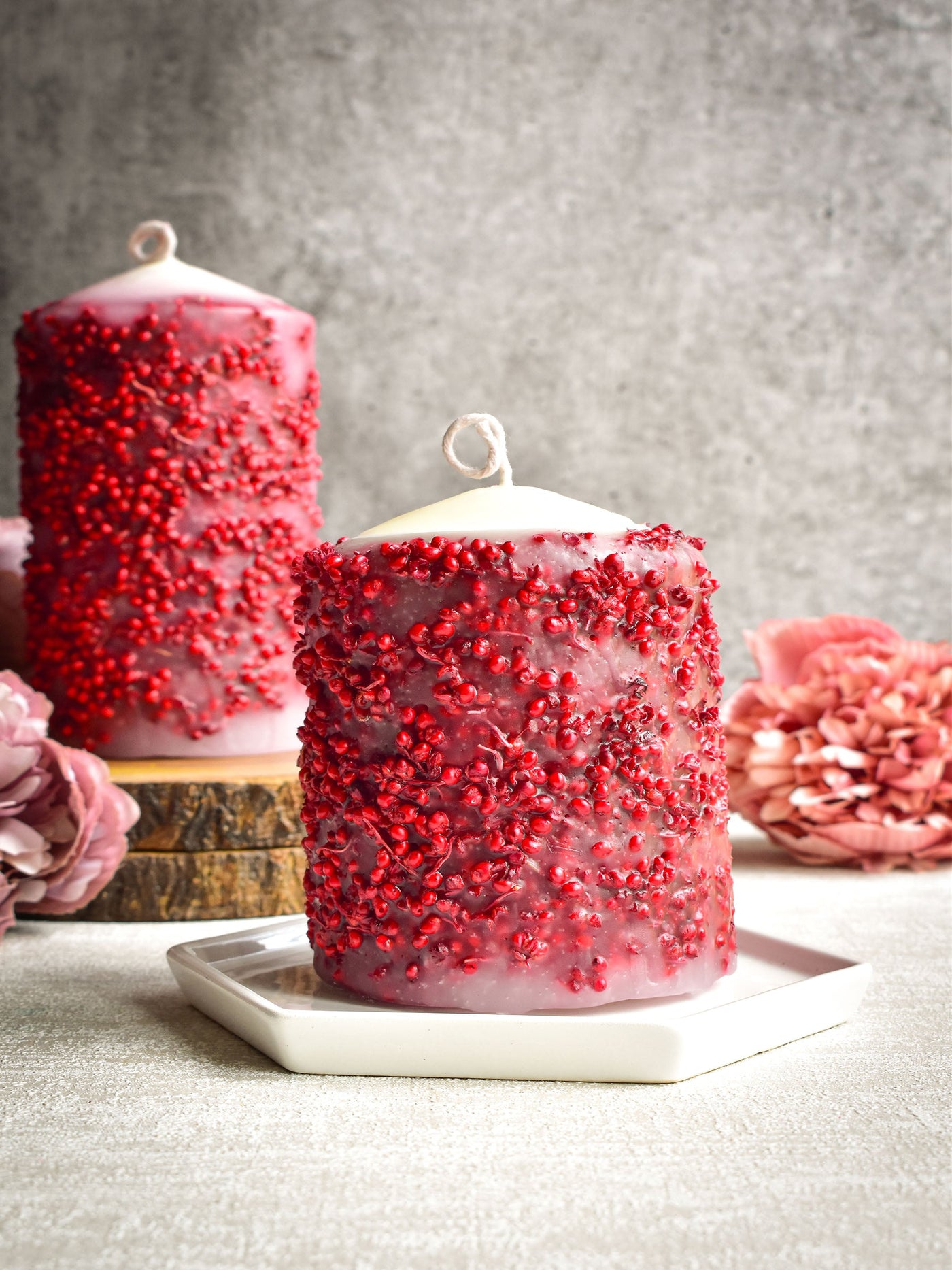 Red Dry Flower Pillar Candle