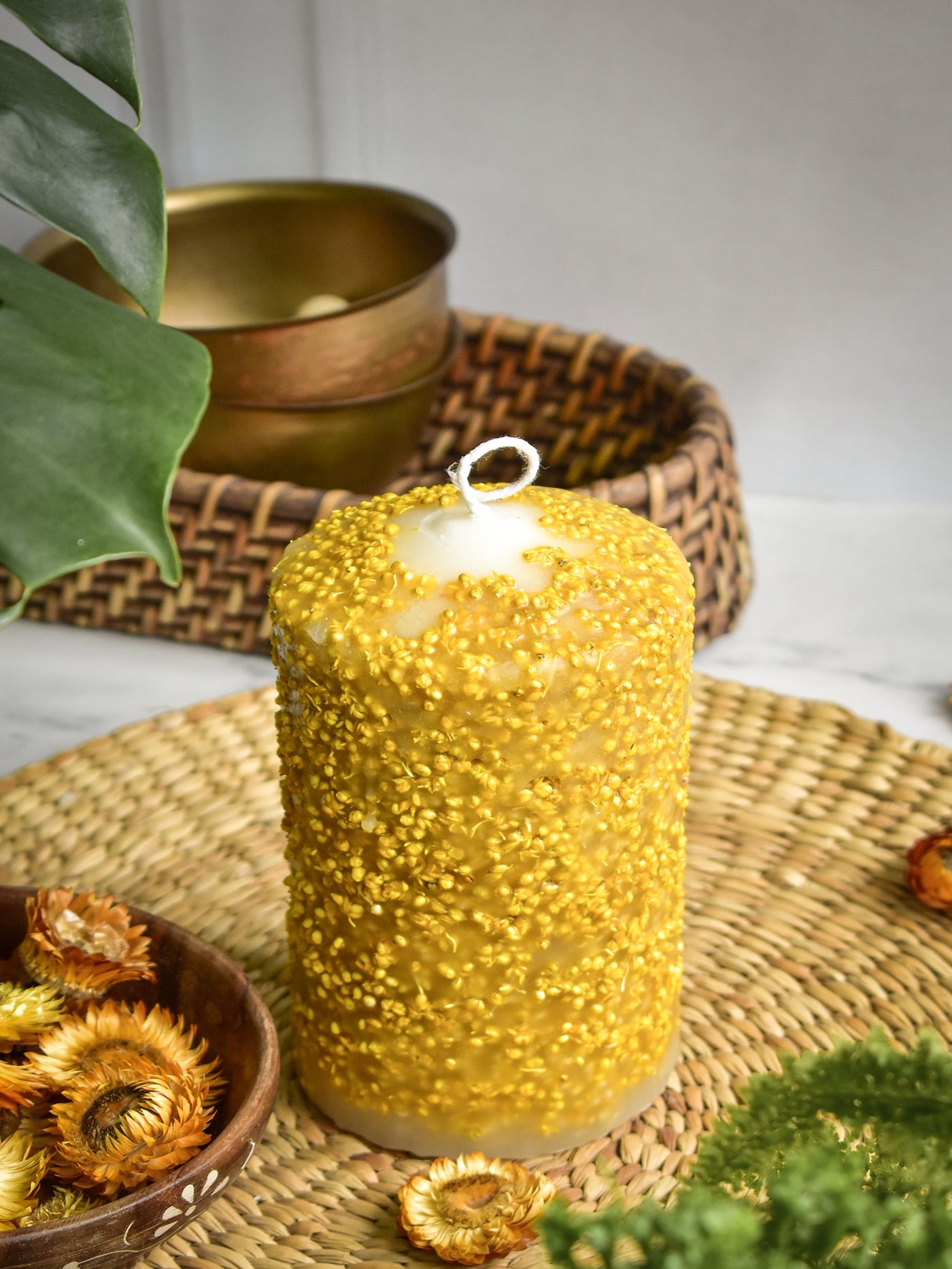 Yellow Dry Flower Pillar Candle