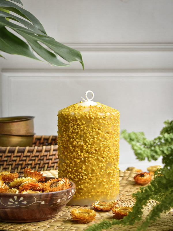 Yellow Dry Flower Pillar Candle