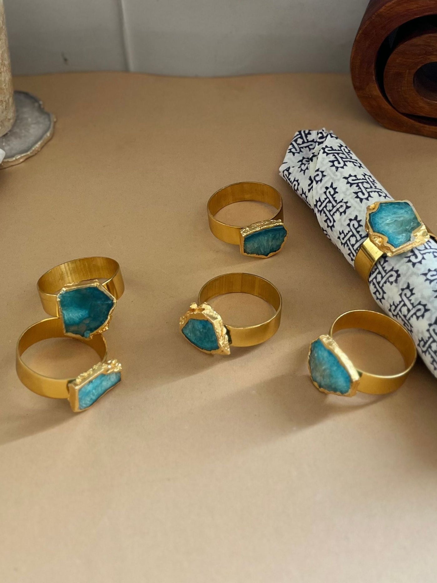 Napkin Rings Set of 6 - Turquoise Crystal Agate
