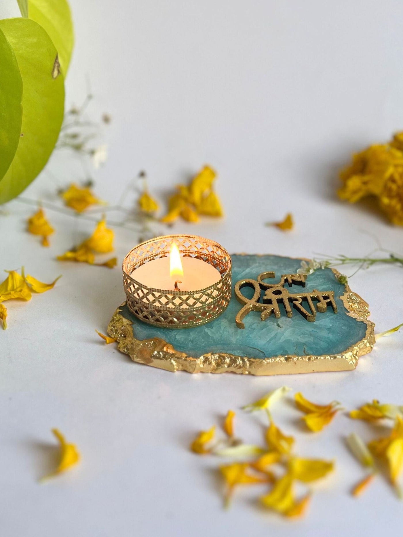 Turquoise Jai Shree Ram Tea Light Candle Holder Set of 2