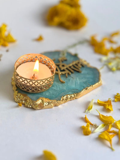 Turquoise Jai Shree Ram Tea Light Candle Holder Set of 2