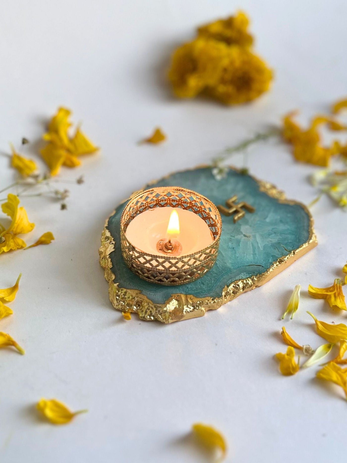 Turquoise Swastik Tea Light Candle Holder Set of 2