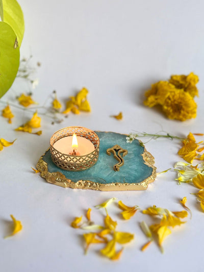 Turquoise Tea Light Candle Holder with Ganesh Set of 2