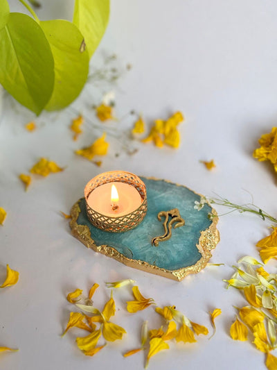 Turquoise Tea Light Candle Holder with Ganesh Set of 2