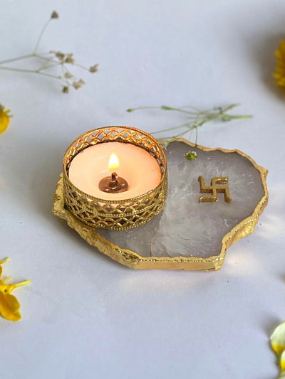 White Swastik Tea Light Candle Holder Set of 2