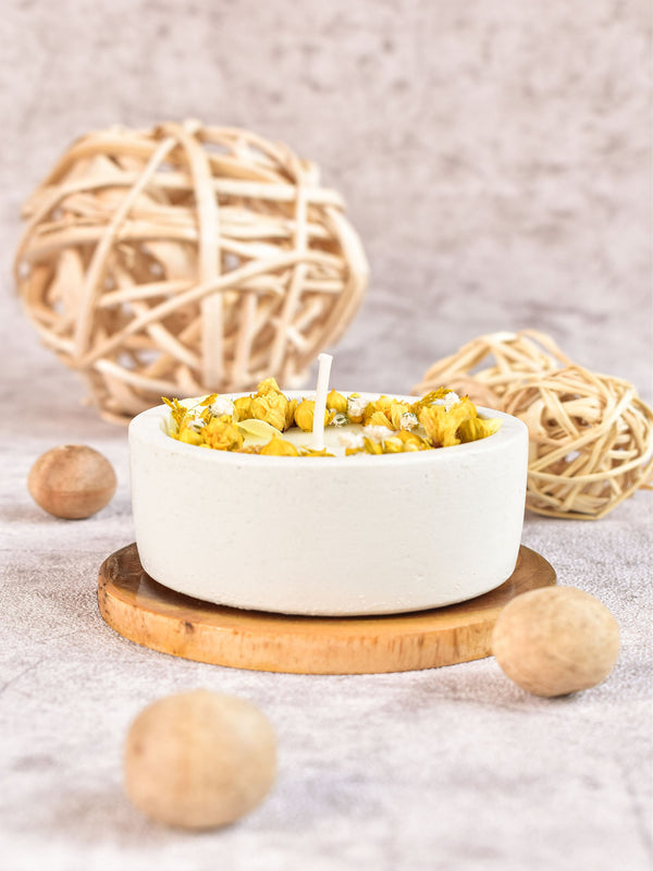 Concrete Jar Candle With Yellow Flowers