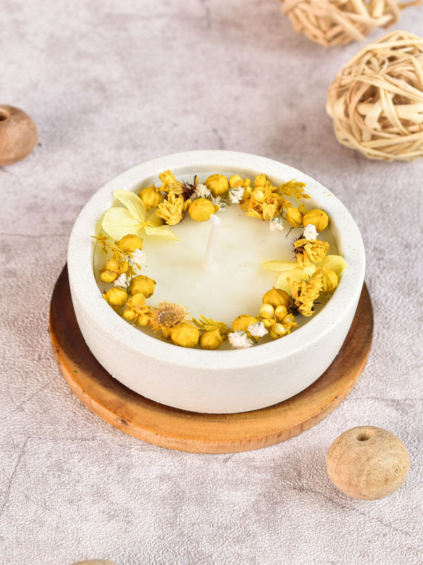 Concrete Jar Candle With Yellow Flowers
